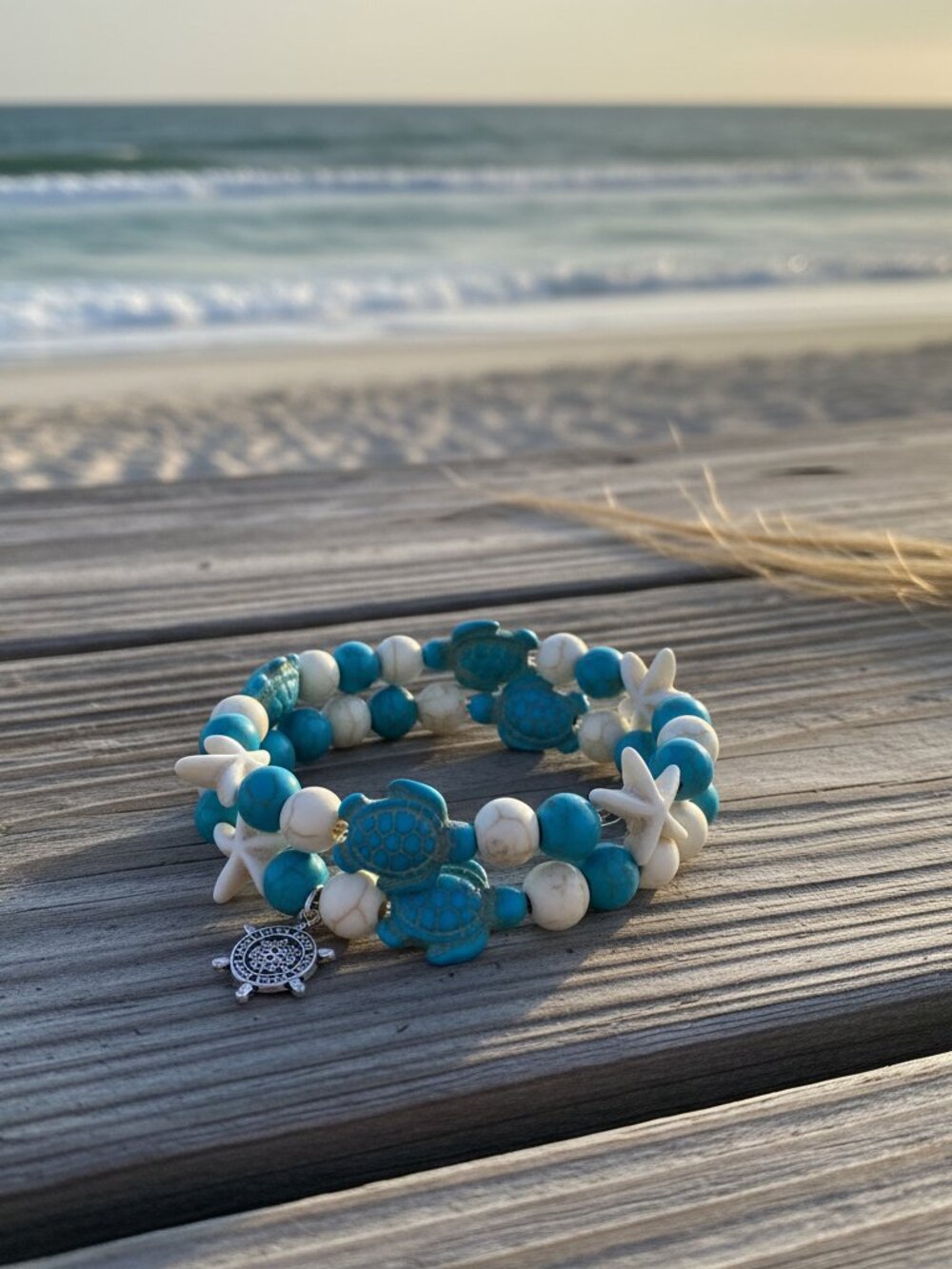 Sea Turtle & Starfish Bracelet Set | Coastal Stone Bead Bracelets | Ocean Gift